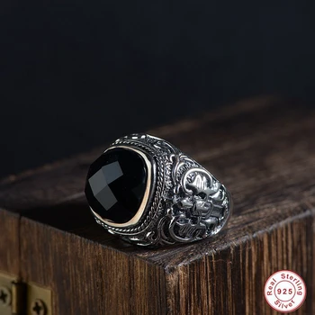 

Charm 925 men ring Jewelry Black Ring Men's Light Genuine 925 Sterling Silver Men's Ring Natural Stone Retro Cool Fashion 2018