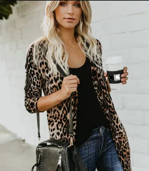 

2019 Summer New Pattern Sexy V Lead Long Sleeve Button Leopard Print Printing Loose Coat