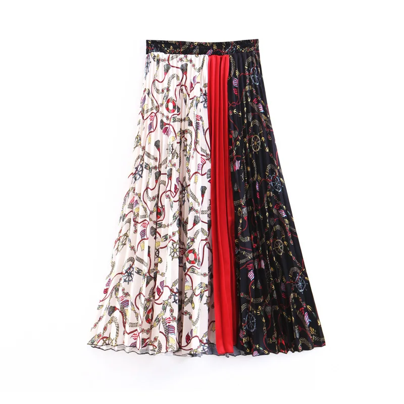 

Pattern Printed Long Pleated Skirts Women Fashion Sexy Loose Skirts Women Vintage A line Elastic Waist Skirts Female CG04