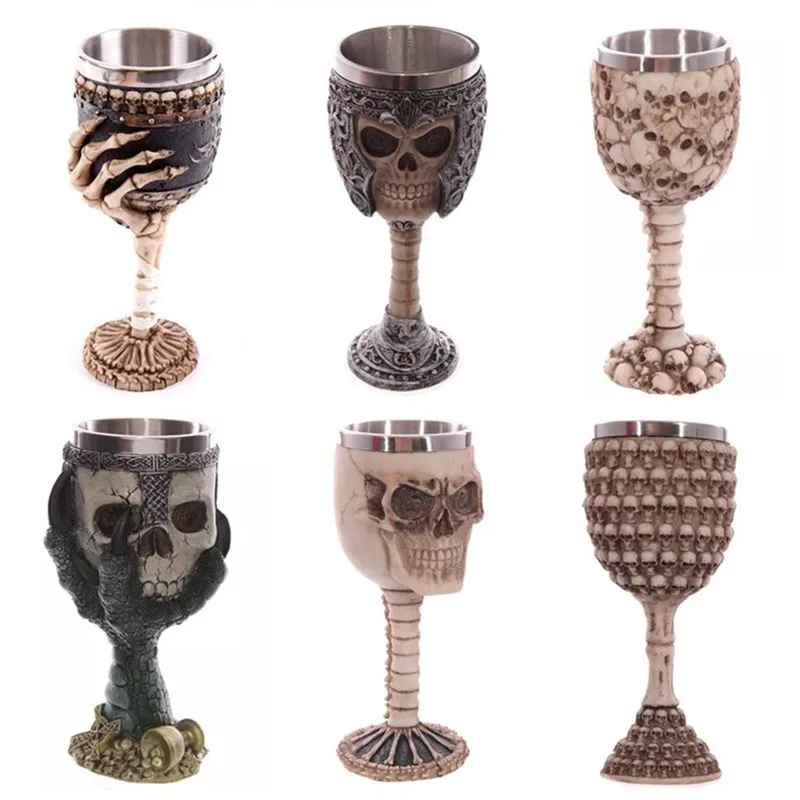 

Double Wall Resin Stainless Steel 3D Skull Drinking Mug Personalized Dragon Bone Skull Metal Wine Goblet Glass Cup Mug 200ml