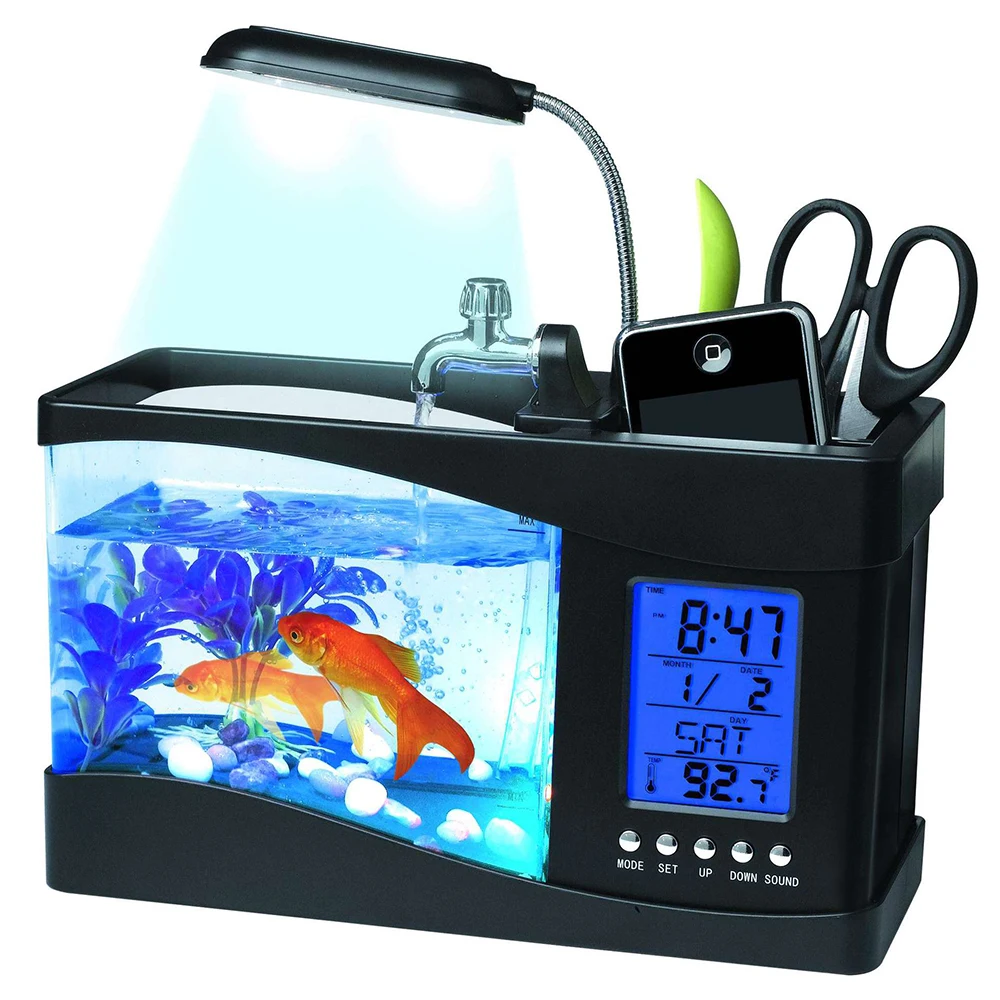 Мини аквариумный аквариум аквариумный Повседневный успокаивающий USB аквариум с светодиодный светильник ЖК-дисплей экран и часы аквариум D45