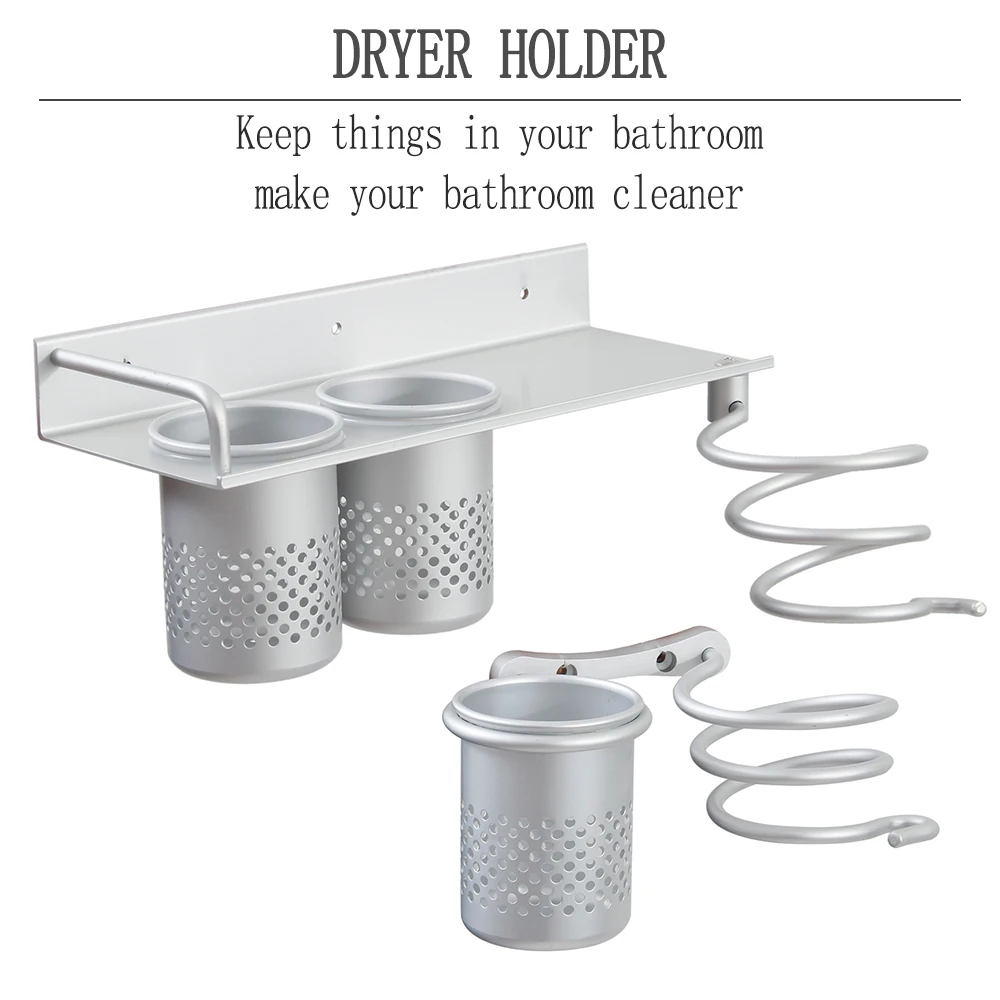 

Bathroom Hair Dryer Holder Multi-function Wall Mounted Rack Space Aluminum Shelf Storage Organizer Hairdryer Holder