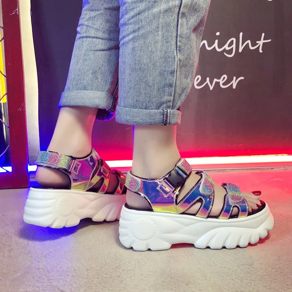 

shoes woman sandalia feminina open toe Paillette bling sequin hook-loop Buckle Strap platform wedges heels snadals Anti-slip