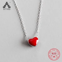 925 Sterling Silver Necklace Women Fashion Collier Cute Tiny Red Glaze Heart Pendant Necklace For Women Girls Lady Gifts tiff 100% 925 sterling silver mini double heart tag pendant bead necklace girls gifts exclusive necklace designed for girls