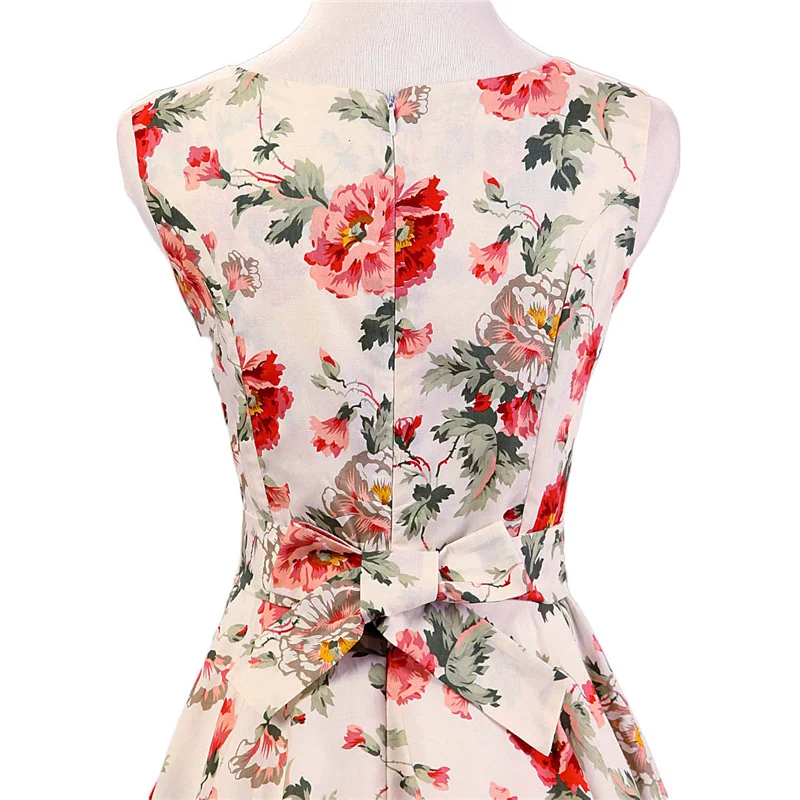 Kostlish Elegant Print Flower Summer Dress Women 2017 Big Swing 50s Vintage Dress Cotton Sleeveless Rockabilly Dresses Sundress (8)