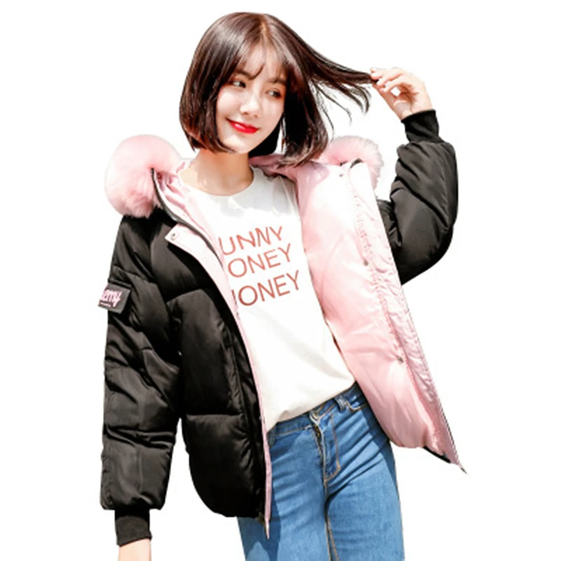

2018 New Fur Collar Winter Parkas Women's Korean Version of the Hooded Loose Down Cotton Coat Solid Color Bread Jacket