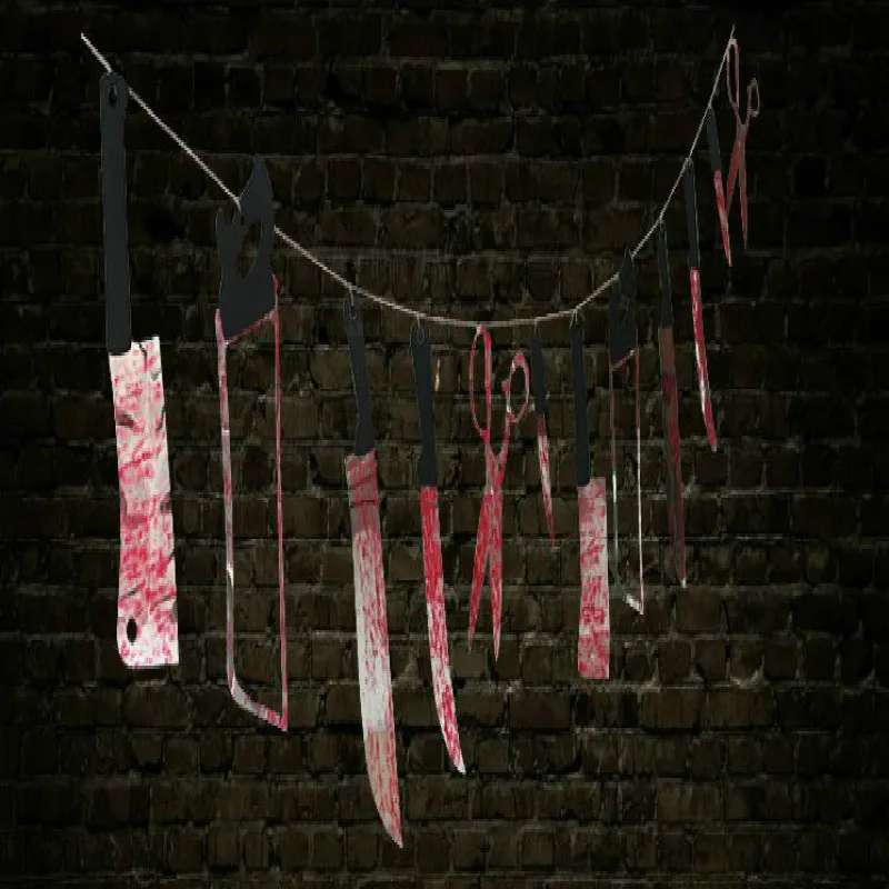 2017 halloween props knife bloody weapons garland blood tools saw blooding knife hanging party props halloween