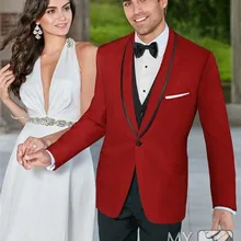 Приталенный смокинг Красная шаль воротник одежда жениха 3 шт. костюм свадьба индивидуальный заказ