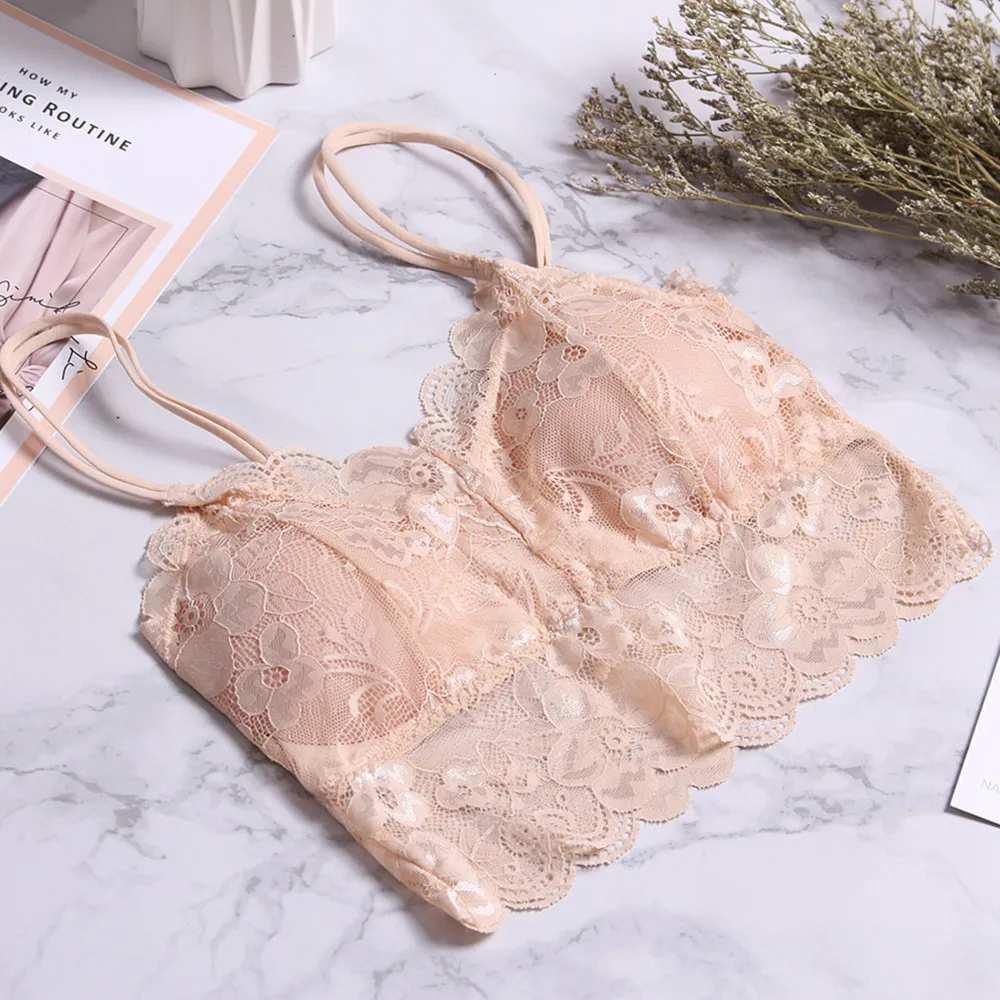 

2019 New Summer Women Sexy Lace Crop Tops Floral Hollow Padded Vest Girl V-Neck Thin Bra Blouses High Quickly Clothes Tank Tops