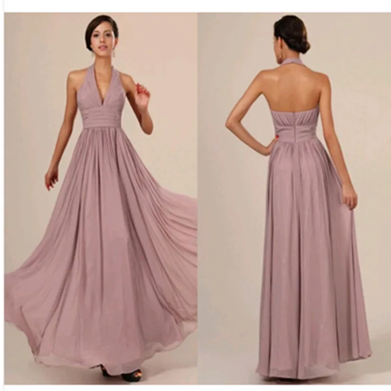 

Halter Pink Chiffon Bridesmaid Dresses Ruffles Backless Sleeveless Floor Length A line Plus Size Formal Gowns