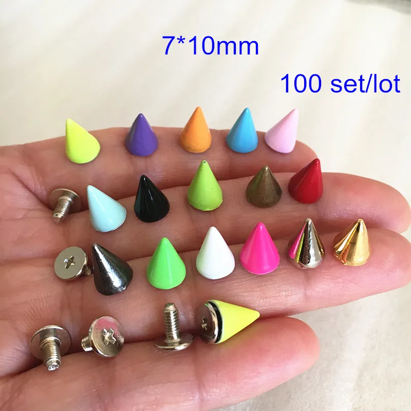 

100 set Metal Bullet Rivet Stud Spikes,7*10mm Colored Metal Screw Back Rivet,Cone Bullet Spikes,DIY Leathercraft Findings