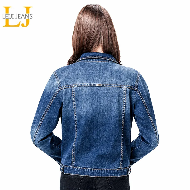 2019 LEIJIJEANS женские большие размеры 6XL длинные басные джинсы куртка пальто отбеливатель длинные рукава одна грудь тонкая женская джинсовая куртка - изображение