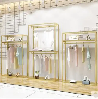 

Clothing store display rack high cabinet double hangers men and women store shelves light luxury gold hanging clothes rack