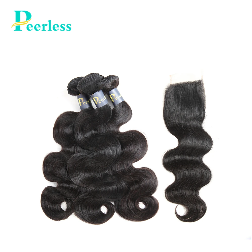 

PEERLESS Virgin Hair Brazilian Body Wave Bundles With Closure 4*4 Medium Brown Swiss Lace Raw Human Hair Extensions