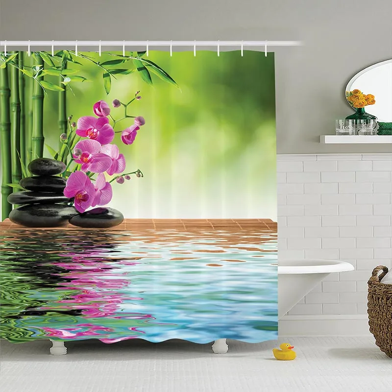 Shower Curtain Tropical Spa Decor Orchid Flower Stone Oriental Wellness Fabric Gray Brown Pink