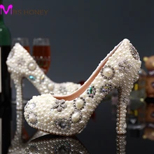2016 New Fashion White Ivory Flower Pearl Bridal Wedding Dress Shoes Luxury Crystal Diamond Women Pumps High Heels Shoes