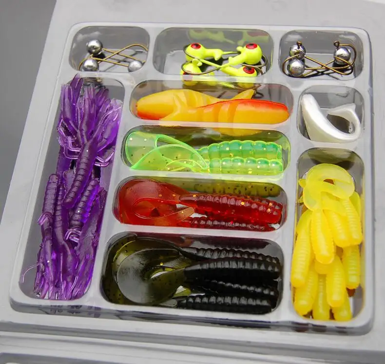 

35pcs lure +10 pcs hooks /set Fishing Lure Lead head Jig Head Hooks Grub Worm Soft Baits Shads Silicone fishing tackle Set