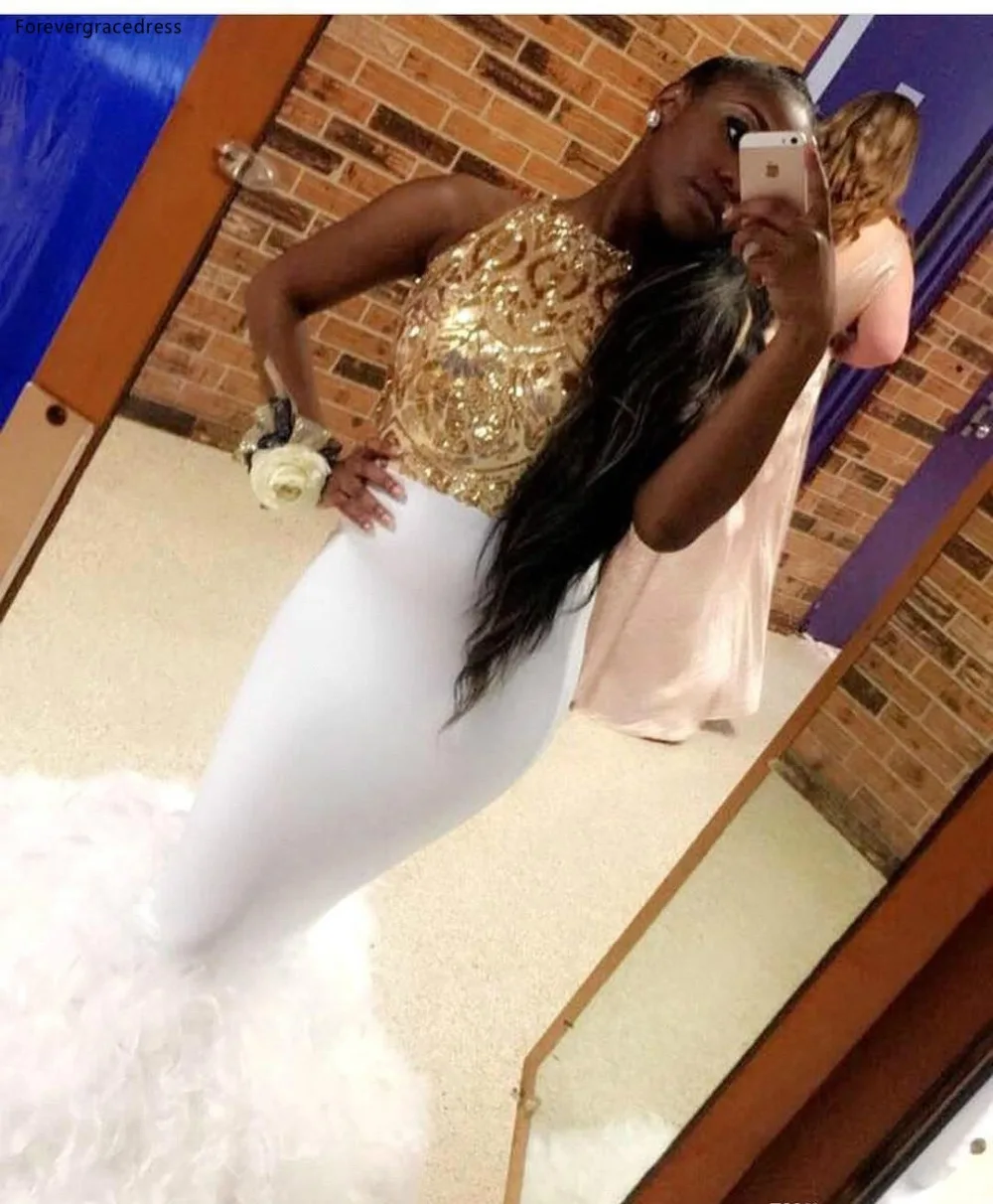 White With Gold Mermaid Prom Dresses 2019 Sequins Top Feather Prom Gowns 2K18 Black Girls Party Dresses BA8854  199 (6)