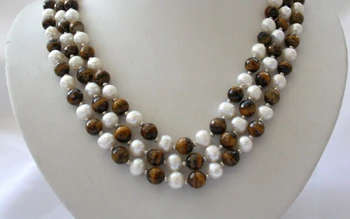 

vogue popular 3rows 8mm round white pearl Yellow Tiger's Eye bead necklace