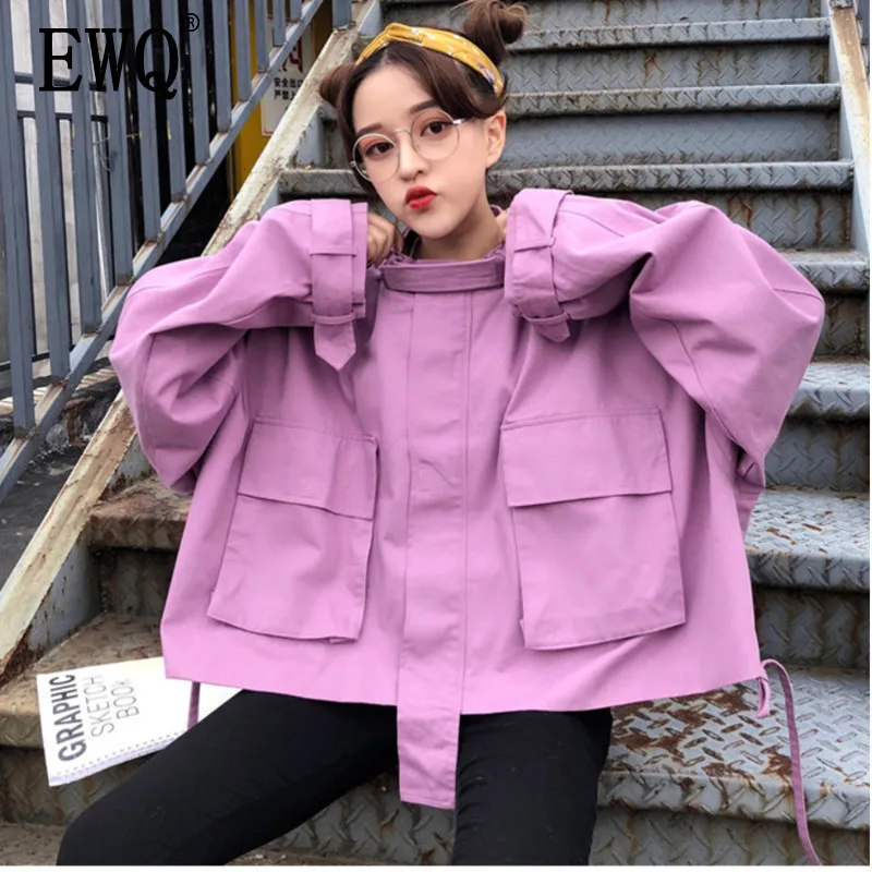 

[EWQ]Safari Style Long-sleeved Stand Collar Stitching Pocket Large Size Jacket Trend Women Summer Denim Coat Autumn New QF98801