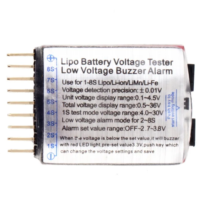 Testeur de tension batterie Lipo/Li-ion 1-8S avec alarme sonore montrant les voyants lumineux