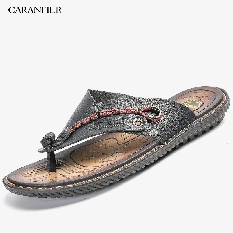 CARANFIER/брендовая мужская повседневная обувь; сандалии из натуральной кожи; мужские вьетнамки; дышащие тапочки; сезон лето; Sapato Masculino; большие размеры - Цвет: 501