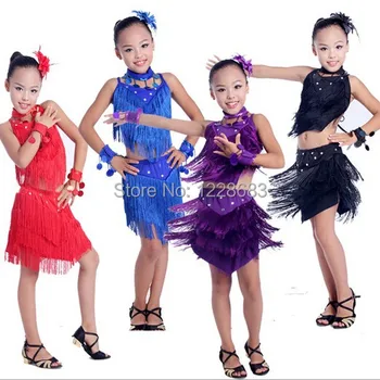 

Free Shipping New 2016 Cheap Navy Blue Pink Black Purple Red Fringe Dancing Dress Kids Latin Dresses Children Danse Latine Fille