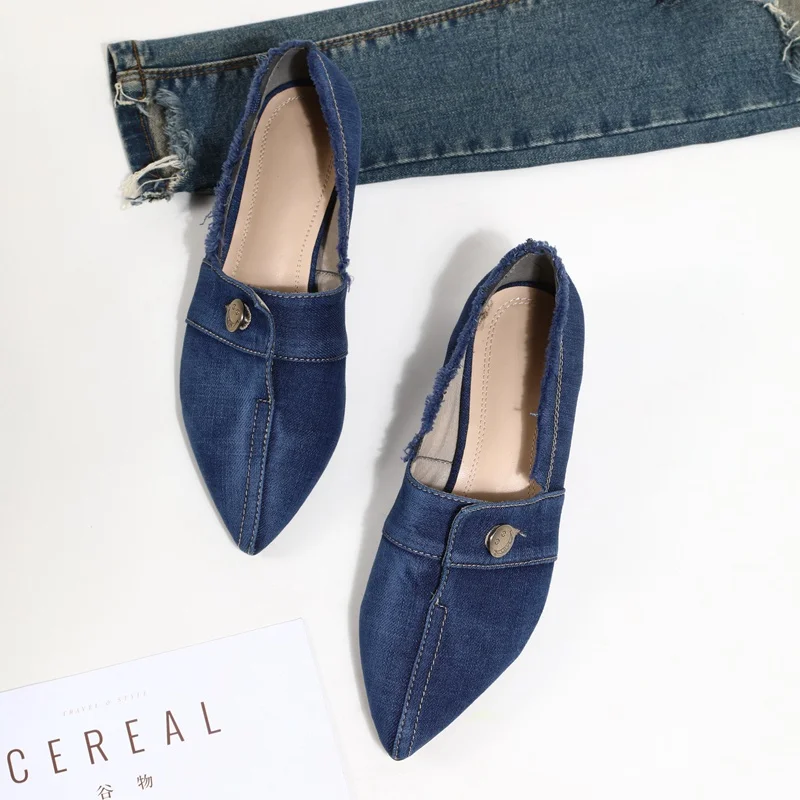 SIMLOVEYO/джинсовые туфли-лодочки обувь с острым носком женские демисезонные лоферы на низком каблуке 3 см, темно-синие сандалии без застежки размер 39, 40 - Цвет: Dark blue