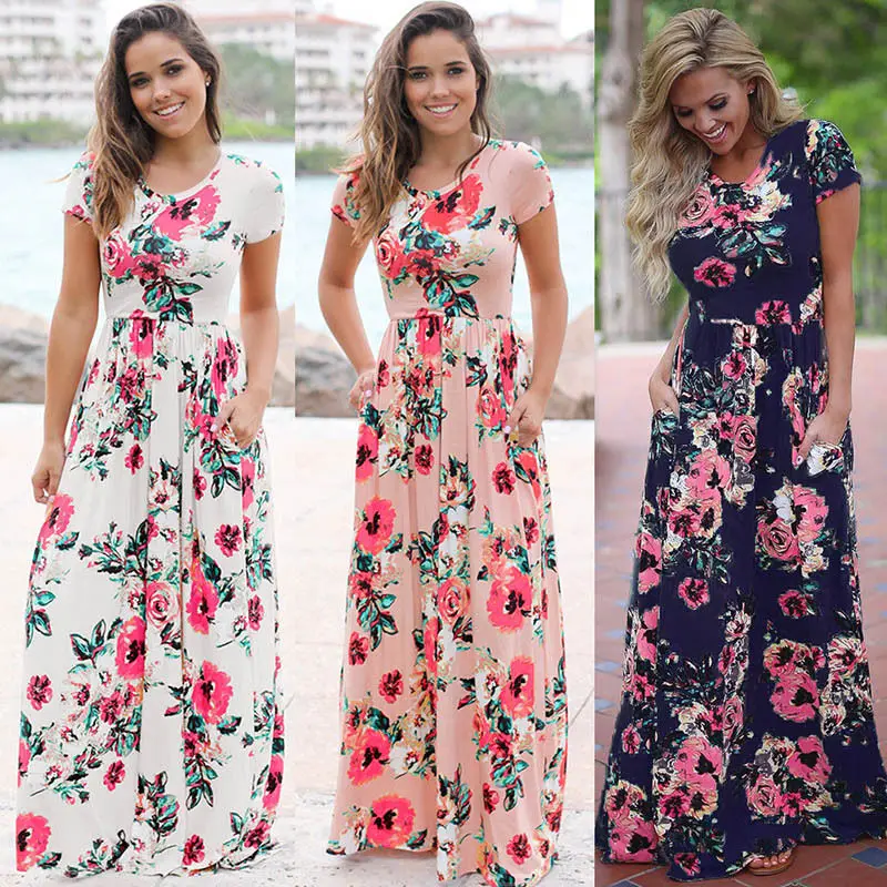 

S-3XL Elegant Women Robe Summer 2019 Short Sleeve Printed Maxi Dress Fashion Sexy Boho Dress Tighten Waist Long Dress Vestidos