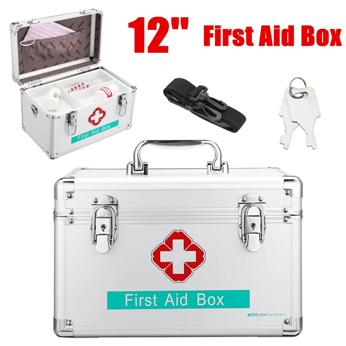 

12Inch Lockable First Aid Case Durable Aluminum Frame Medicine Storage Container Box for Home Travel Workplace Household Medical