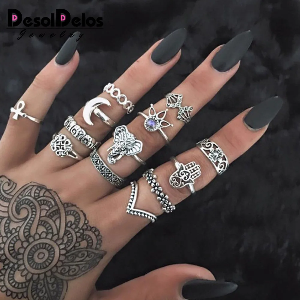 

New Retro Women Rings Antique Silver Color Punk Midi Finger Rings 13PCS/Set Vintage Elephant Lotus Behomian Ring Set Jewelry