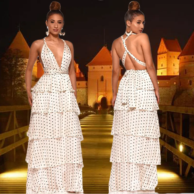

Party Night Polka Dot Dresses Summer Spaghetti Strap Dress Women Backless Sexy Club V-neck Multi Ruffles Long Maxi Clothing
