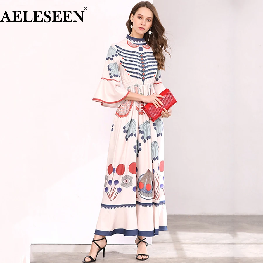 

AELESEEN Summer Bohemian Women Long Dresses Luxury Flare Sleeve Runway Fashion 2018 Plus Size Abstract Print Designer Dress