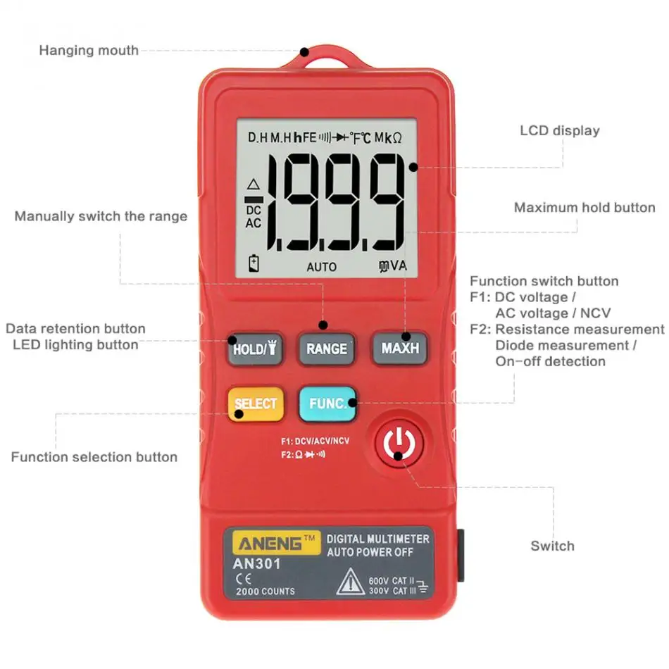 ANENG AN301 Цифровой мультиметр 1999 отсчетов Ture RMS AC/DC Измеритель сопротивления Вольтметр Омметр