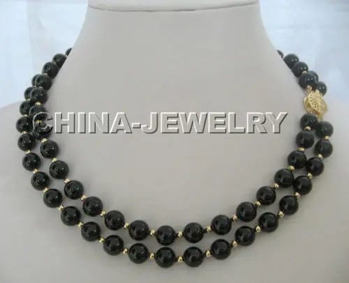 

Beautiful 17-18 " 2row 8mm black round onyx with gold bead necklace ^^^@^Noble style Natural Fine jewe FREE SHIPPING