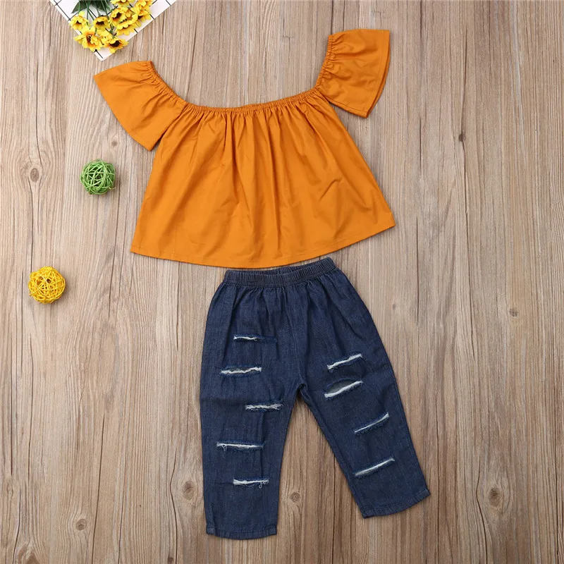 

Toddler Kids Baby Girls free shipping clothes off shoulder pullover short sleeve Tops solid Hole Pants 2pc lovely cotton Outfits