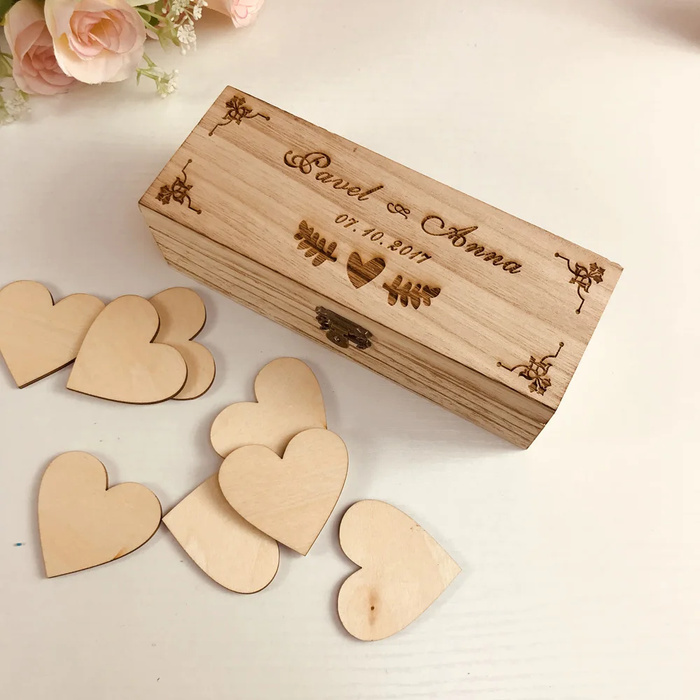 Best Personalized Wedding guest book with hearts,Custom name and date Wooden Keepsake box,rustic engrave wedding guest book