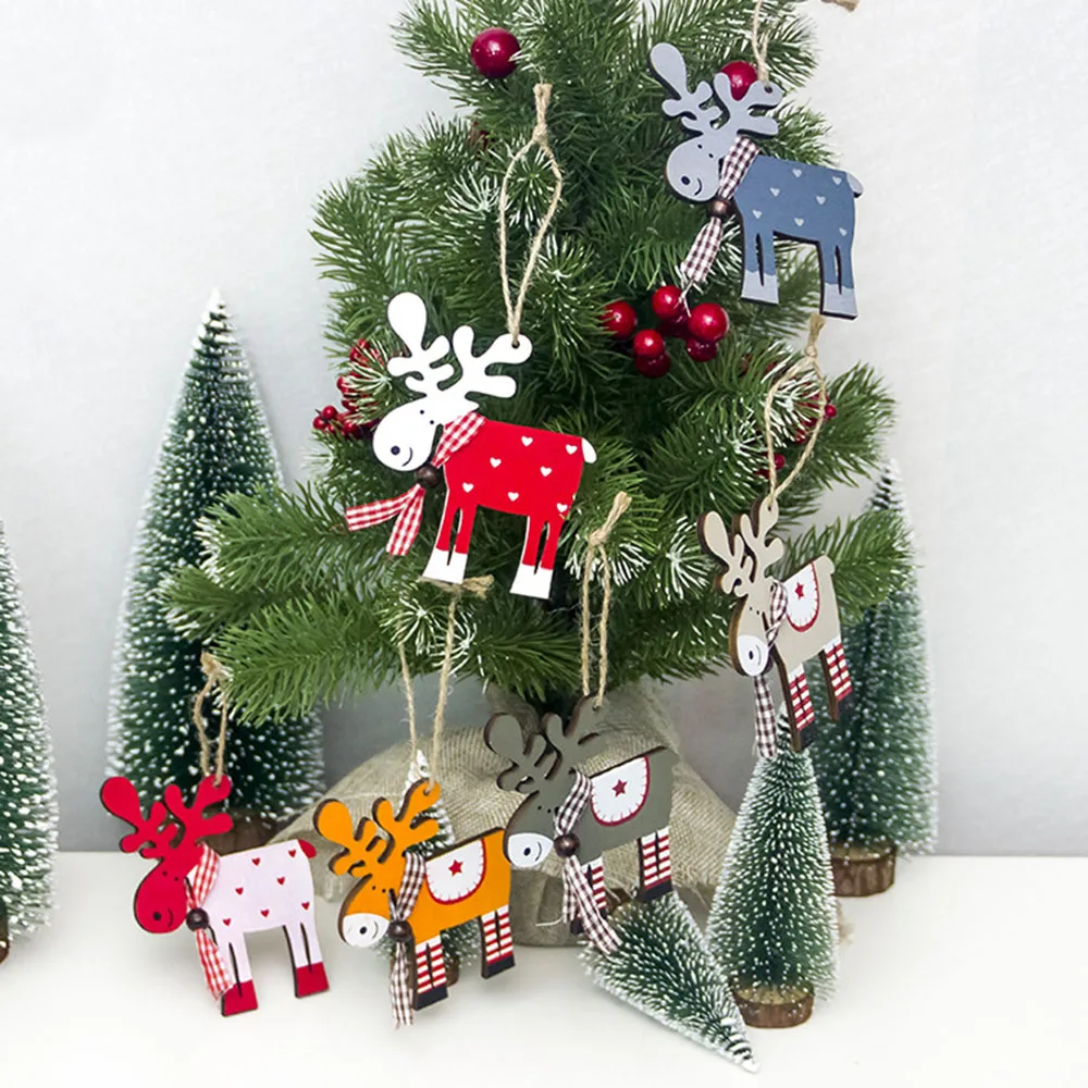 

4Pcs Christmas Cartoon Deer Wooden Pendants Ornament Colorful Xmas Tree Ornament Wood Crafts For Home Christmas Party Decoration