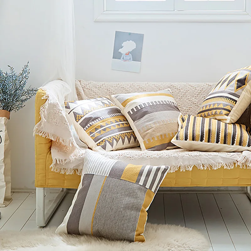 

personalized yellow brown geometric embroidery cushion cover 45cm diamond stripe pillow cover car seat decorative pillowcase
