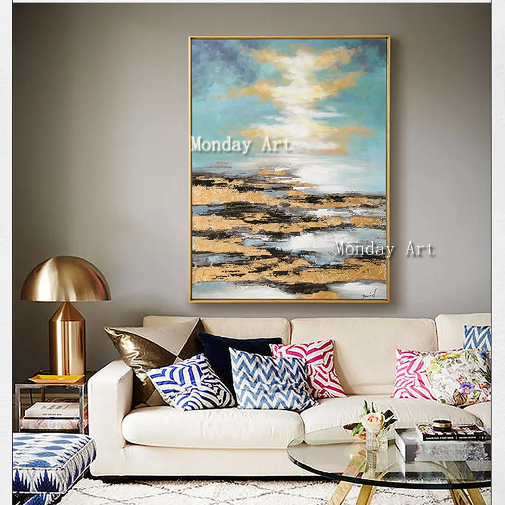 

High Quality Abstract oil painting Artist Handpainted stone blue sky Oil Painting on Canvas Handmade gold abstract Oil Painting