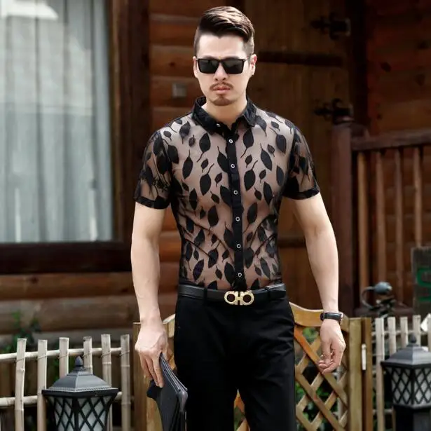

Summer sexy mens see through lace floral shirt male hollow embroidery clothes short sleeve transparent hollow dress shirt