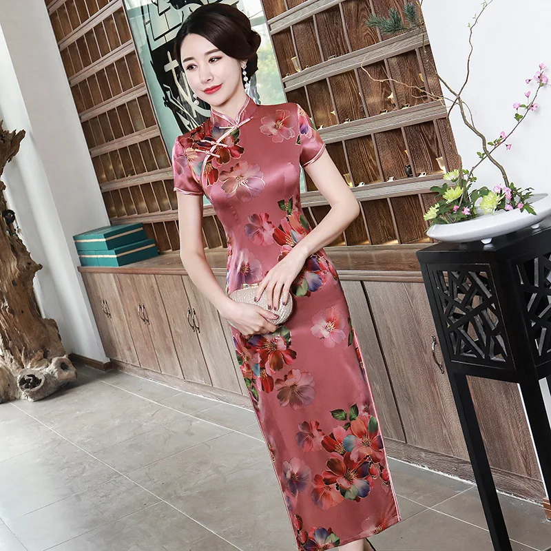 SHENG COCO женские элегантные платья Китайский Cheongsam длинное атласное платье Банкетный Ципао с цветами китайские платья Qipao Женская Роба в