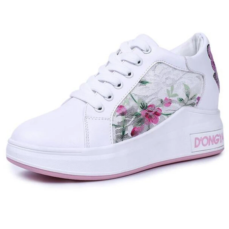 COVOYYAR/; дышащие сетчатые кроссовки с цветами; женская летняя повседневная обувь на скрытой танкетке с высоким берцем; белые туфли на платформе; WSN637 - Цвет: Розовый