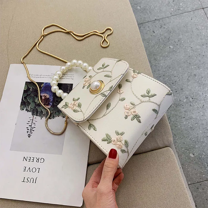 Hot Floral Embroidery Handbag Purse Handbag Pearl Chain Tote Bag Leather Messenger Bags Crossbody Clutch Bag