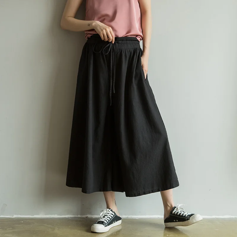 

Johnature 2019 Summer Plus Size Casual Simple Wide Leg Women Pants New Japanese Linen Mid Waist Tie Loose Ankle-length Pants