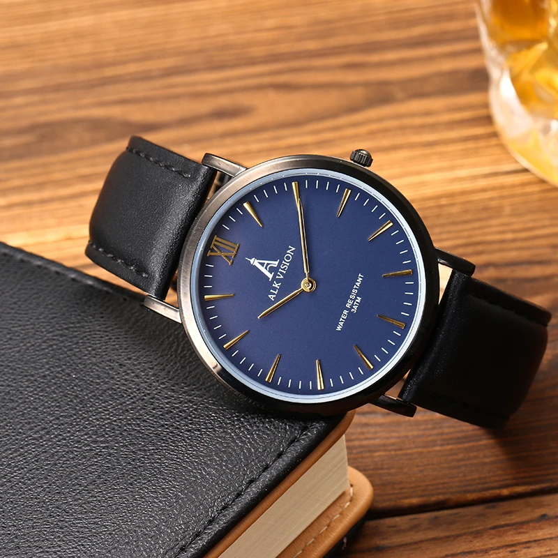 

ALK men watch Leather Quartz Watch Black Stainless Steel men wristwatch Casual 2017 Luxury Brand Bracelet Waterproof clock