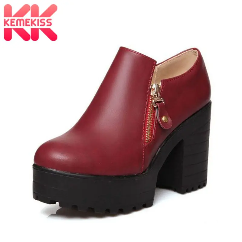 

KemeKiss Size 34-46 Autumn Winter British Women Boots Platforms Square Heel Ankle Boots Solid Leather Fashion Motorcycle Boots