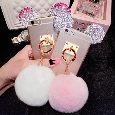 

YNOO Mickey mouse Case Rhinestone ears Soft Transparent TPU Protect phone covers With Fur Ball For Iphone X 8 7 6 6S Plus