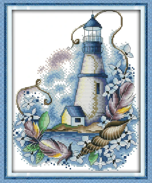 Blue lighthouse cross stitch kit aida 14ct 11ct count printed canvas