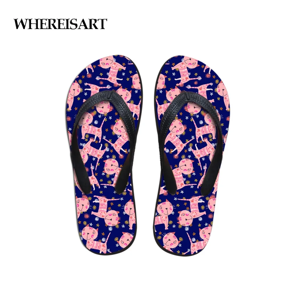 

WHEREISART Cartoon Cat Printing Beach Shoes Flip Flop in Women's Flip Flops Youth Sandals Shoes Casual Home Slippers Daily Wear